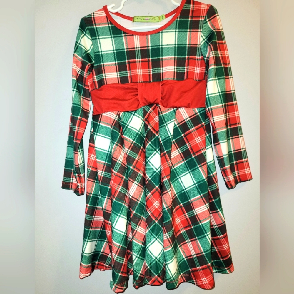 ❤️ Millie Loves Lily Red Green Plaid Long Sleeved Bow Dress Girls Size 5 Holiday